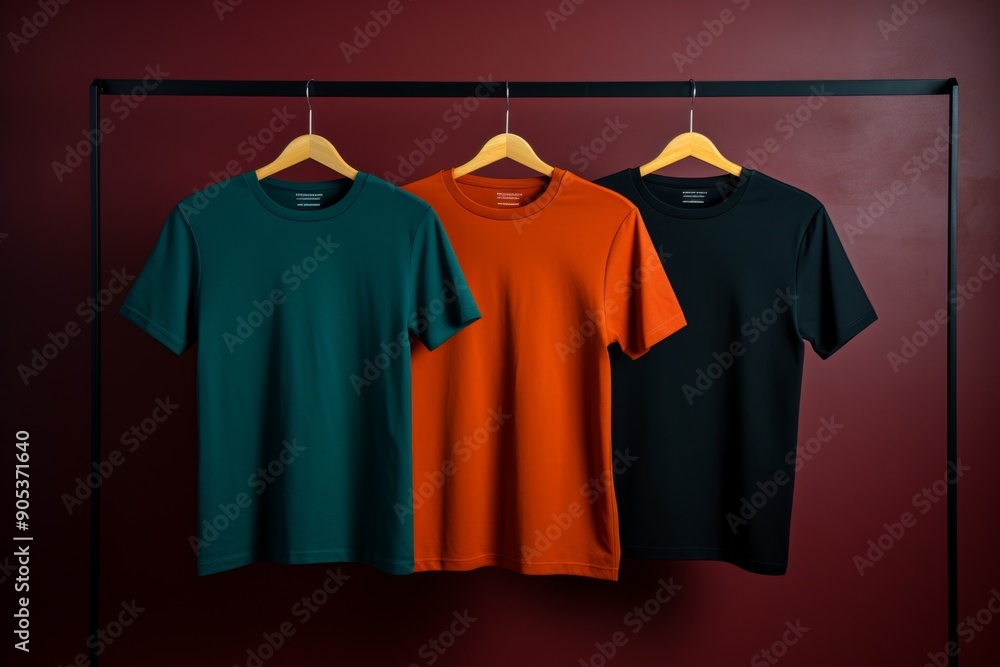 Colorful T-Shirts on Hangers Against Red Background Colorful T-Shirts on Hangers Against Red Background