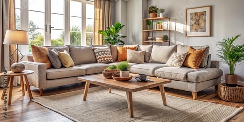 Cozy living room interior with a large comfortable sofa, decorative pillows, and a coffee table , cozy, living room