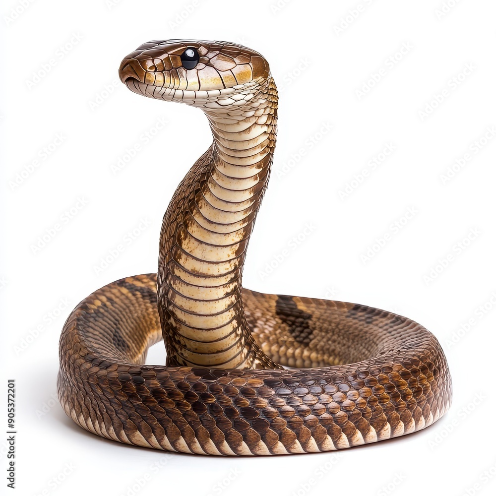 Fototapeta premium Indian Cobra Displaying Defensive Posture on White Background