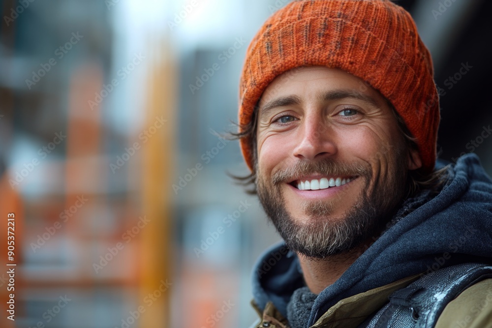 Winter Portrait of a Smiling Man with Beanie in Urban Setting Winter Portrait of a Smiling Man with Beanie in Urban Setting