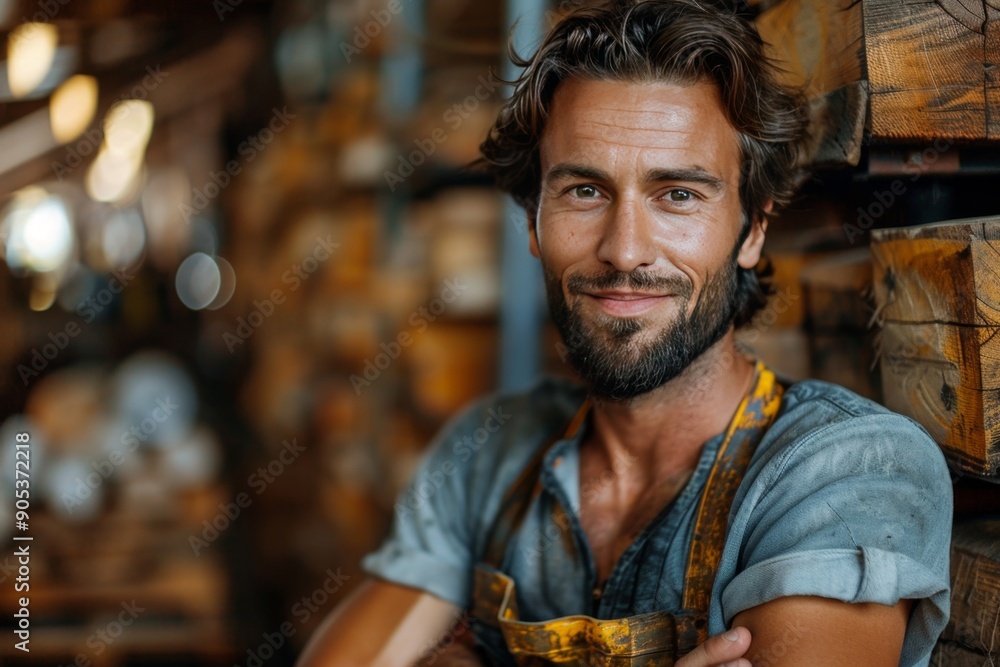 Confident Carpenter in Workshop Smiling at Camera Confident Carpenter in Workshop Smiling at Camera