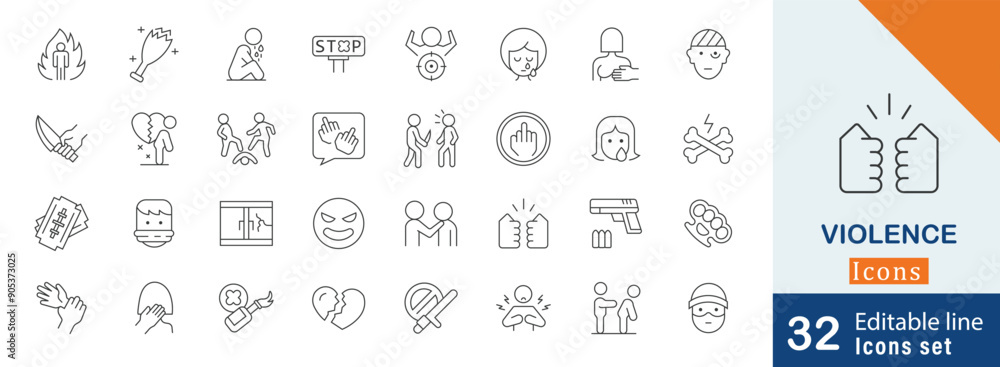 Set of violence simple line icons. violence, fight, sexual harassment, hate crime and more editable collection Set of violence simple line icons. violence, fight, sexual harassment, hate crime and more editable collection