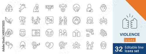 Set of violence simple line icons. violence, fight, sexual harassment, hate crime and more editable collection