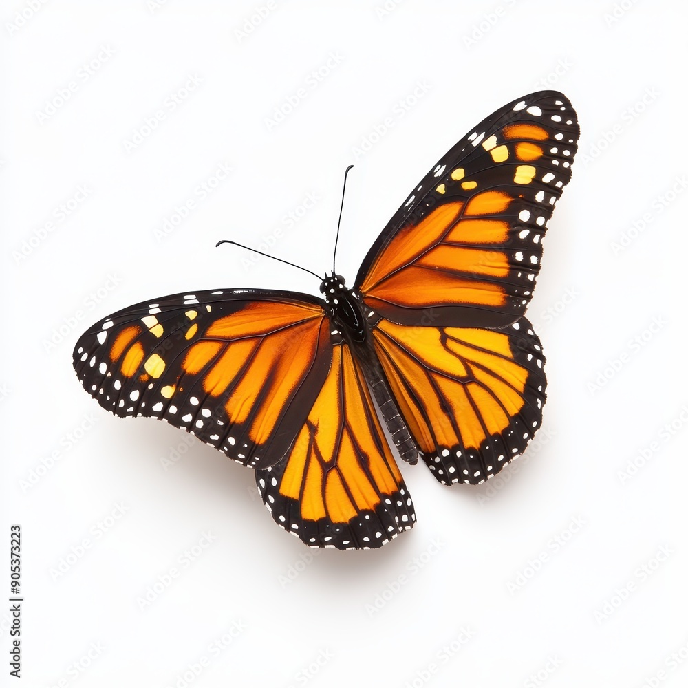 Monarch Butterfly Displaying Vibrant Orange and Black Wings on White Background Monarch Butterfly Displaying Vibrant Orange and Black Wings on White Background