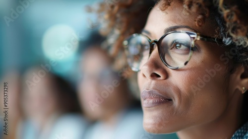 A woman wearing glasses exhibits a thoughtful expression as she focuses on her surroundings, highlighting deep concentration and introspection in an indoor setting.