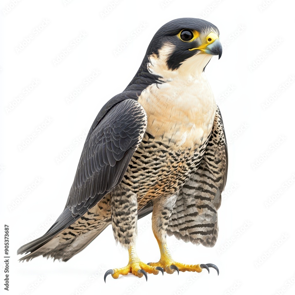 Peregrine Falcon Standing Proudly Against White Background in Natural Pose Peregrine Falcon Standing Proudly Against White Background in Natural Pose