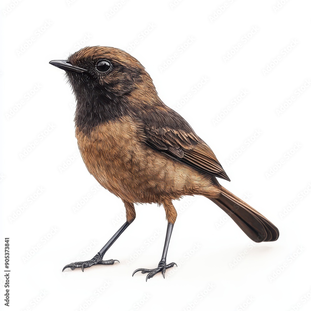 Fototapeta premium Pied Bush Chat Standing on White Background in Natural Pose