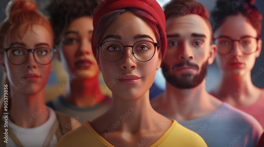 Obraz premium A diverse group of young adults with various ethnic backgrounds wearing glasses, posing together confidently. The central figure is a woman with glasses and a red beanie