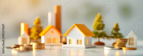 Miniature houses and stacks of coins symbolize real estate investment, growth, and property market success in a bright and optimistic setting.