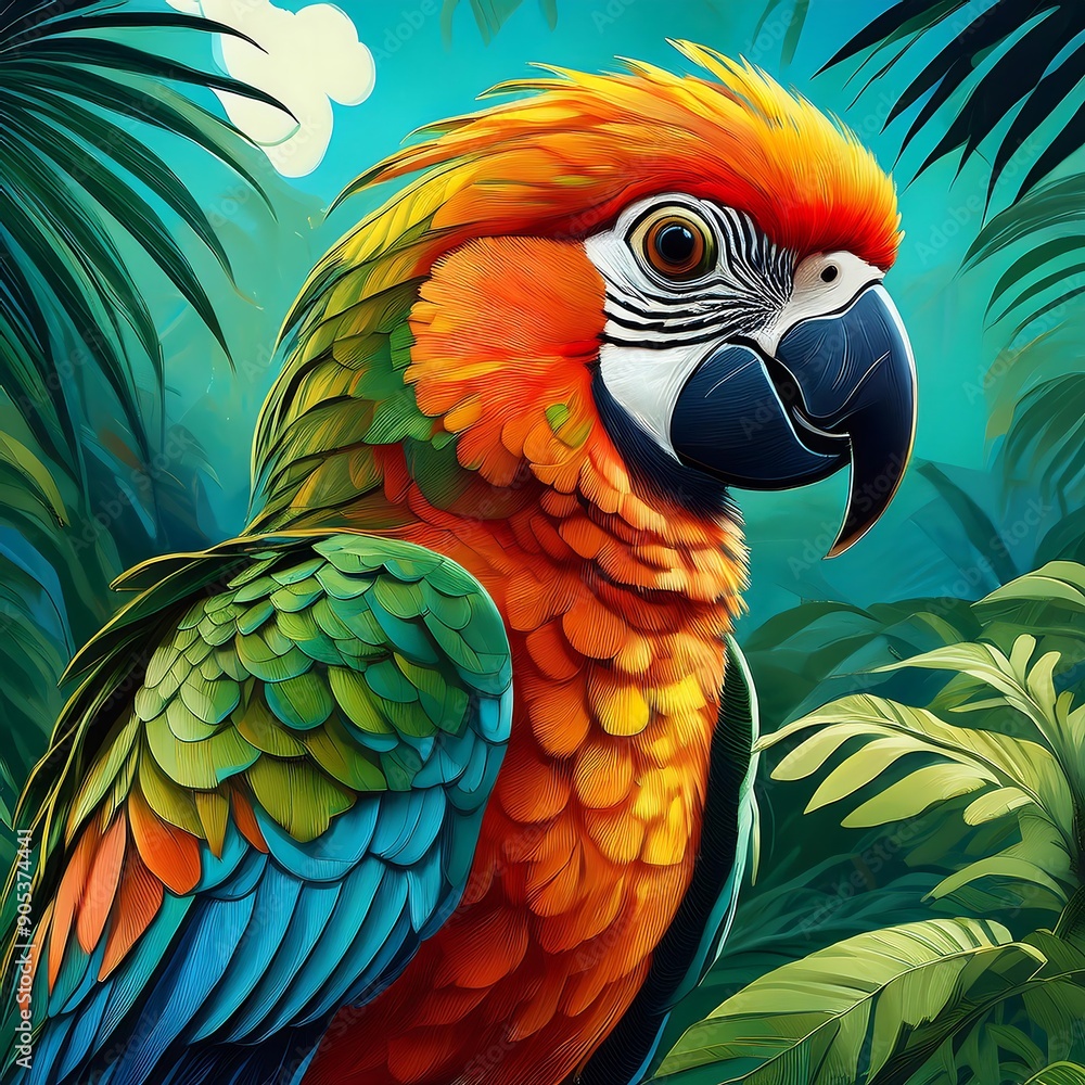 Fototapeta premium illustration of a parrot in a rainforest