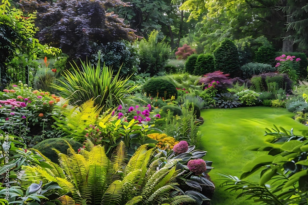 Fototapeta premium Lush Green Garden with Vibrant Flowers and Ferns - Realistic Photograph