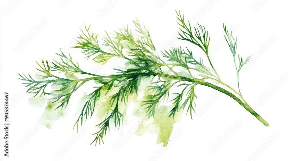 Fresh Watercolor Painting of Green Dill Herb Spring Fresh Watercolor Painting of Green Dill Herb Spring
