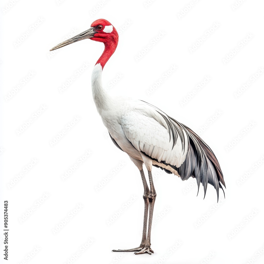 Sarus Crane Standing Elegantly on White Background in Natural Posture Sarus Crane Standing Elegantly on White Background in Natural Posture