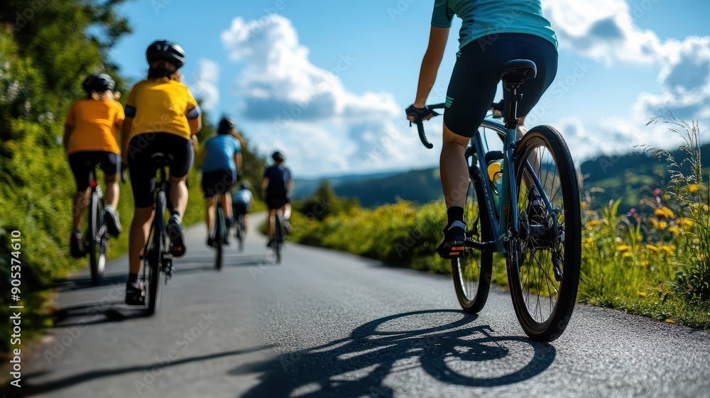 Fototapeta premium Group of cyclists enjoying a scenic ride on a sunny day, surrounded by nature and greenery, under a clear blue sky.