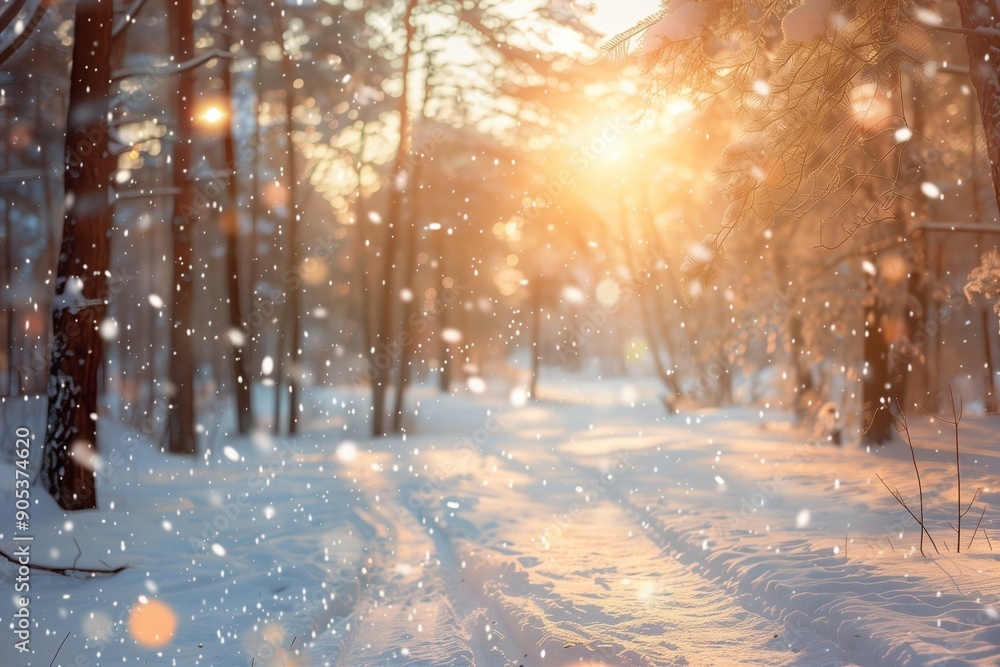 The sun is shining through the trees in the snow The sun is shining through the trees in the snow
