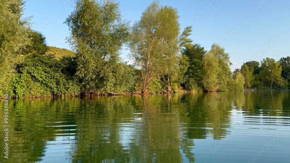 Fototapeta premium Serene Lake with Reflective Calm Waters and Verdant Forest Landscape on a Sunny Day