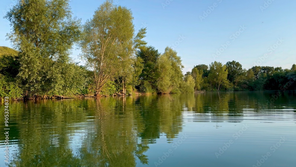 Fototapeta premium Serene Lake with Reflective Calm Waters and Verdant Forest Landscape on a Sunny Day