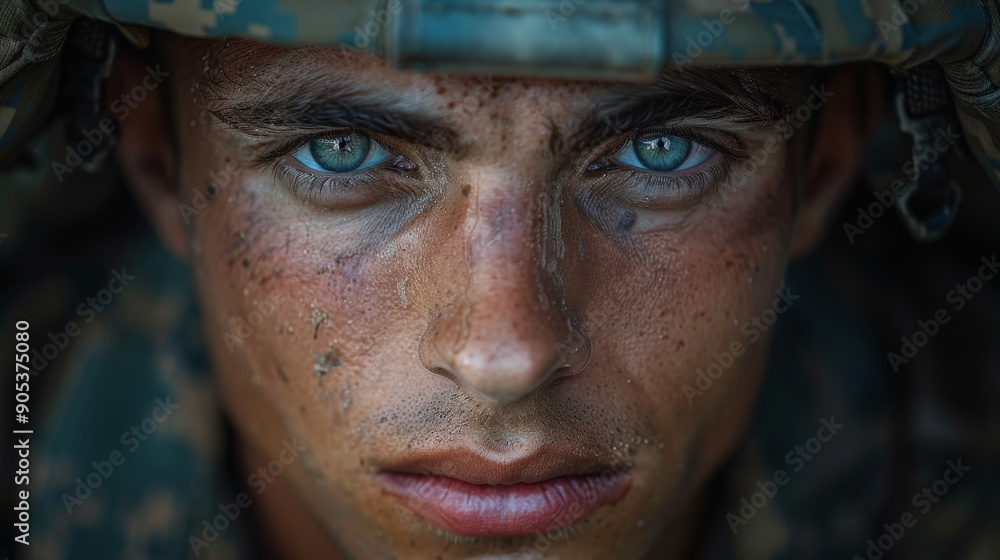 Intense Gaze of a Young Soldier in Camouflage Gear at Dawn on Military Base. Generative AI Intense Gaze of a Young Soldier in Camouflage Gear at Dawn on Military Base. Generative AI