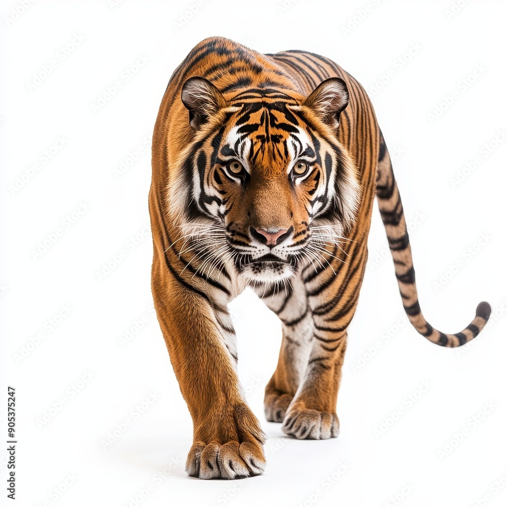 Naklejka premium Sumatran Tiger Walking Gracefully on White Background