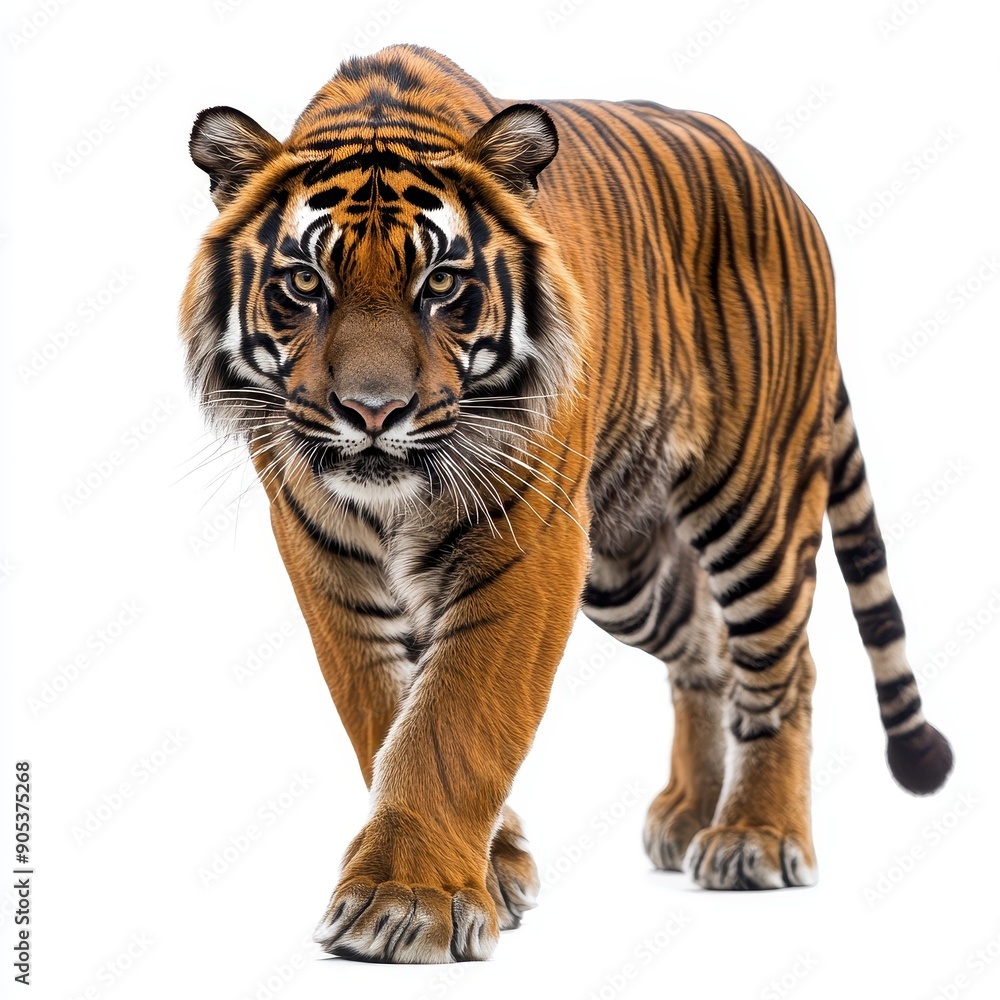 Fototapeta premium Sumatran Tiger Walking on White Background in Natural Stance