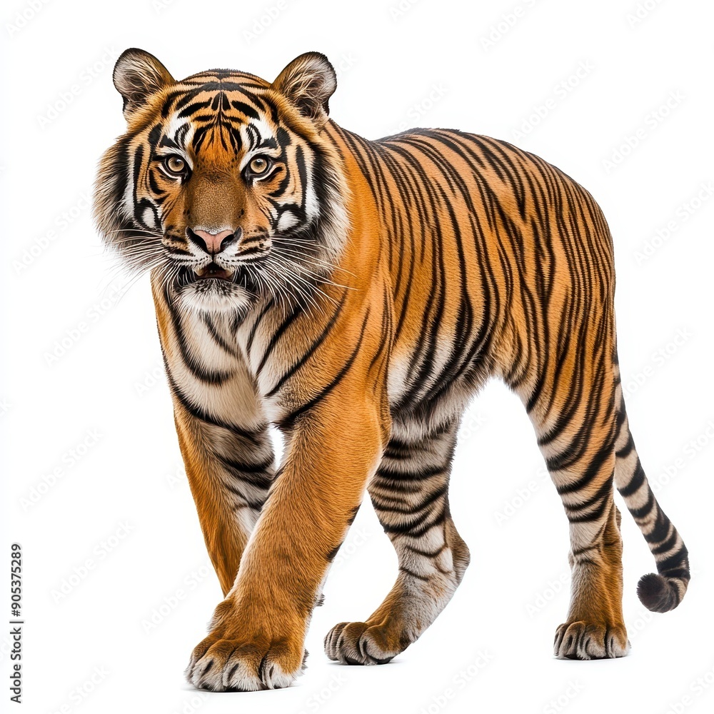 Obraz premium Sumatran Tiger Walking Gracefully Against White Background