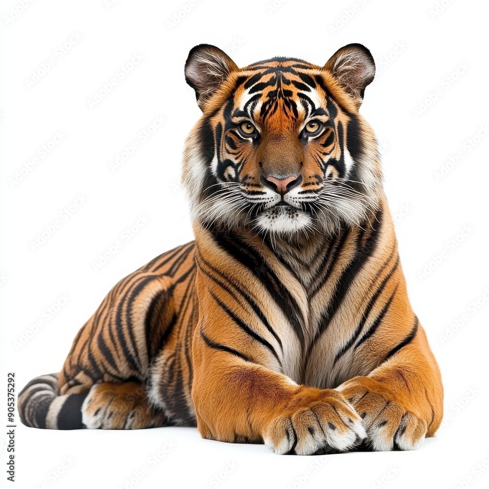 Fototapeta premium Sumatran Tiger Lying Gracefully on a White Background