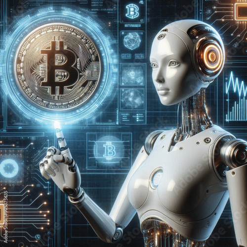 A robot with a human-like index finger touching a Bitcoin coin displays information related to financial development, planning, investing, numbers, graphs and circuit boards.