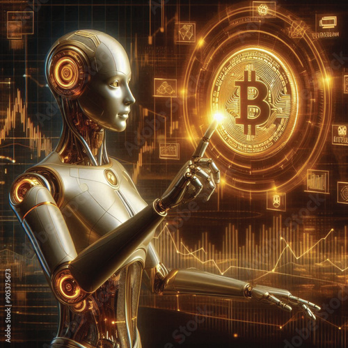 A robot with a human-like index finger touching a Bitcoin coin displays information related to financial development, planning, investing, numbers, graphs and circuit boards.