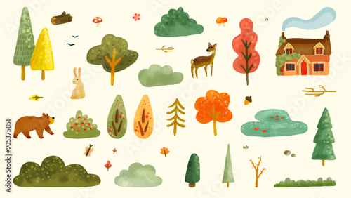 Forest Wildlife Watercolor Illustrations. Deer, rabbit, mushrooms, pine trees, birch, berries. Cute woodland animals vector set. Hedgehog, leaves, forest plants. Hand-painted nature elements.