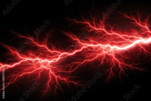 Isolated red lightning light effect on black background, ominous, dynamic, storm, danger, illuminated, weather, flash, intense, bright, energy, dramatic, power, electricity, futuristic.