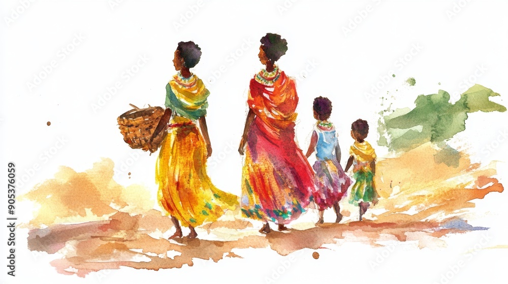 Fototapeta premium Traditional African Dance Celebration in Watercolor. Ethiopian New Year