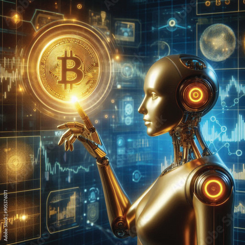 A robot with a human-like index finger touching a Bitcoin coin displays information related to financial development, planning, investing, numbers, graphs and circuit boards.