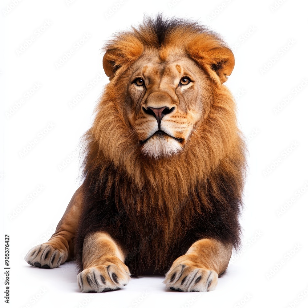 Fototapeta premium Asian Lion Resting Serenely on White Background