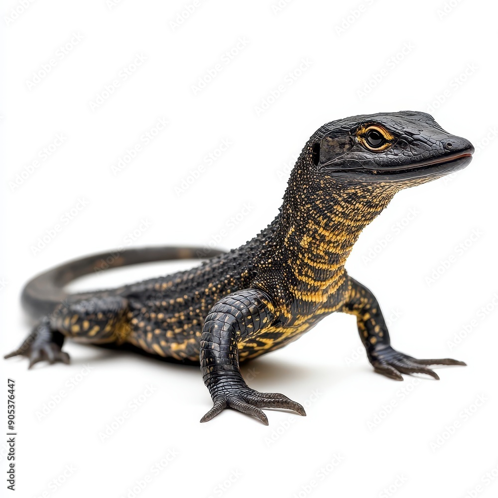 Fototapeta premium Asian Water Monitor Lizard Crawling on White Background