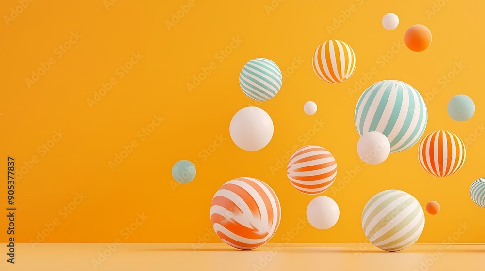 Obraz premium Colorful spheres with stripes floating against a vibrant orange background, adding a playful and uplifting atmosphere.