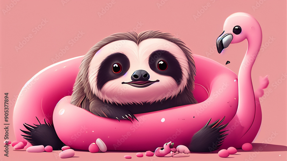 Obraz premium create a cute fluffy pink sloth with flamingo legs
