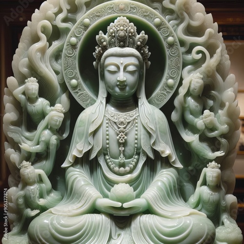 145 39 Jade Kuan Yin a jade statue of the goddess Kuan Yin repre photo