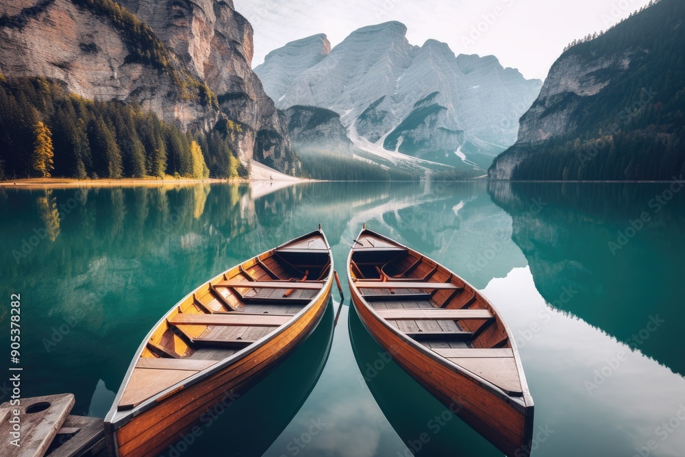 Serene Morning at Braies Lake With Boats Floating in Dolomites Mountains Serene Morning at Braies Lake With Boats Floating in Dolomites Mountains