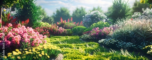 Vibrant Summer Garden Illustration with Lush Greenery and Colorful Flowers