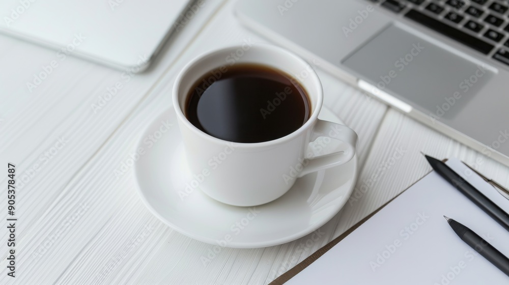 Modern Workspace with Laptop, Coffee Cup, and Business Documents Modern Workspace with Laptop, Coffee Cup, and Business Documents