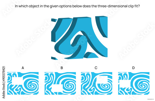 IQ logical question with one main graphic which represent a 3d extraction of a missing part and four given shape options below with removed part. The B option is the correct answer.