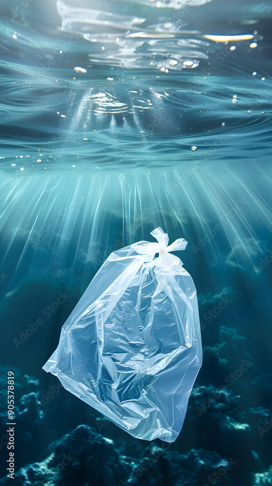 Fototapeta premium White plastic bag is floating in the ocean