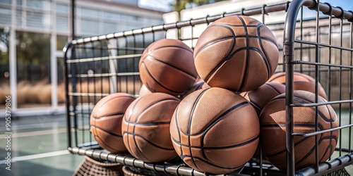 Several orange basketballs with black stripes stacked in a metal basket next to the court.