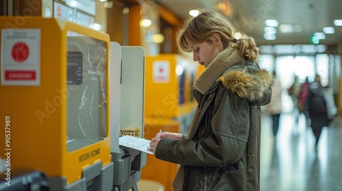 Young Woman Casting Her Vote at a Polling Station in the Early Morning Hours. Generative AI photo