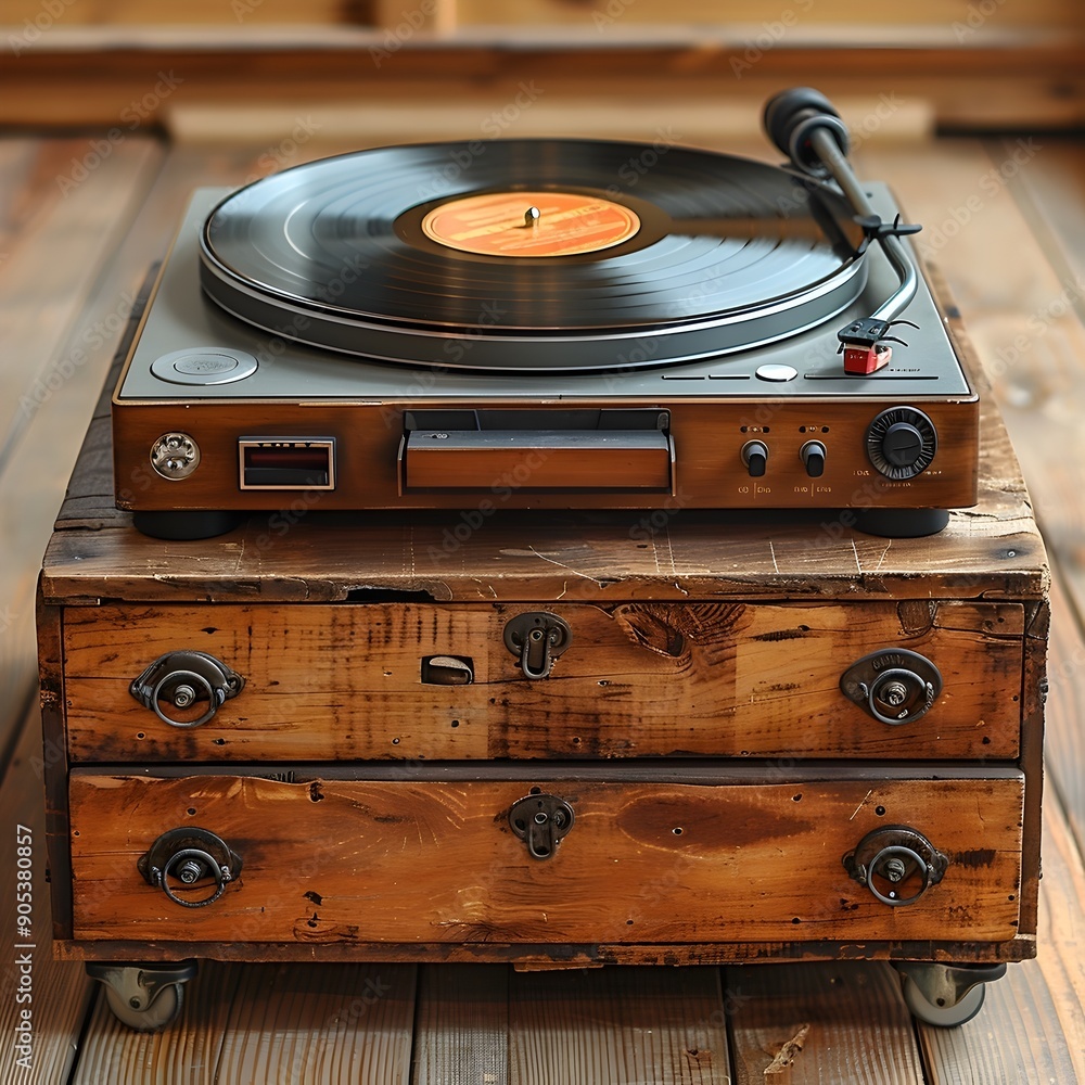 Obraz premium Nostalgic Vintage Vinyl Record Player with Classic Music Collection in Rustic Wooden Home Setting
