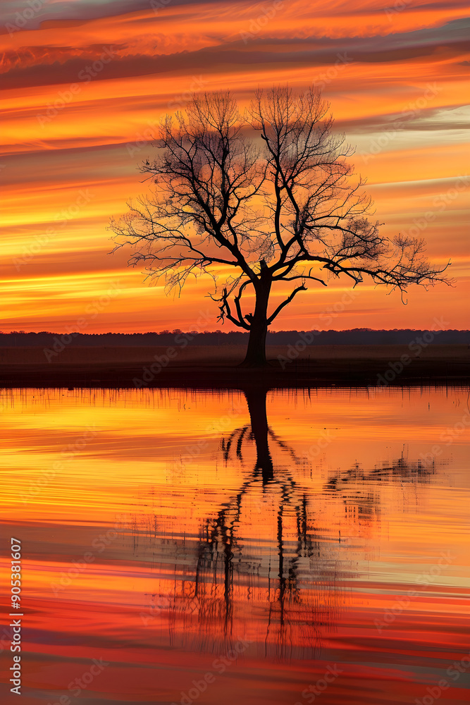 Tranquil Sunset Silhouette and Orange Sky Reflections Tranquil Sunset Silhouette and Orange Sky Reflections