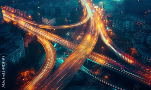 Aerial View of Busy Highway Interchange at Night with Light Trails