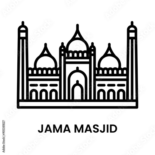 Jama Masjid, Delhi, India. minimalist line art icon, a historical landmark for web, mobile apps and UI.