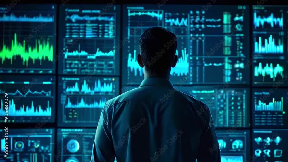 The video shows a man standing in front of a wall of computer screens displaying graphs and charts. The video shows a man standing in front of a wall of computer screens displaying graphs and charts.