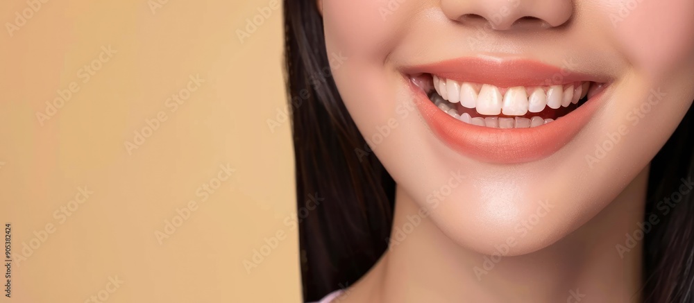 Close-up of a woman smiling with white teeth and pink lips Close-up of a woman smiling with white teeth and pink lips